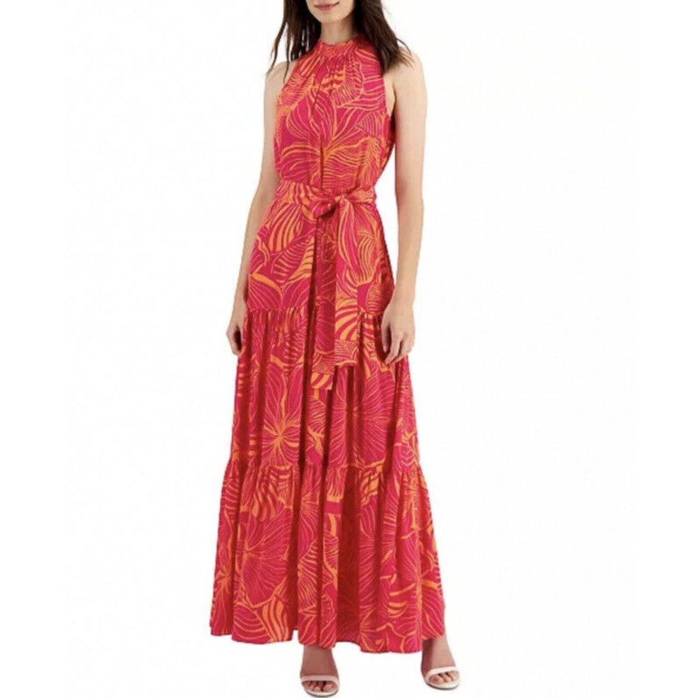 ANNE KLEIN Floral-Print Halter-Neck Tiered Maxi Dress Pink Pansy/Orange Peel 0